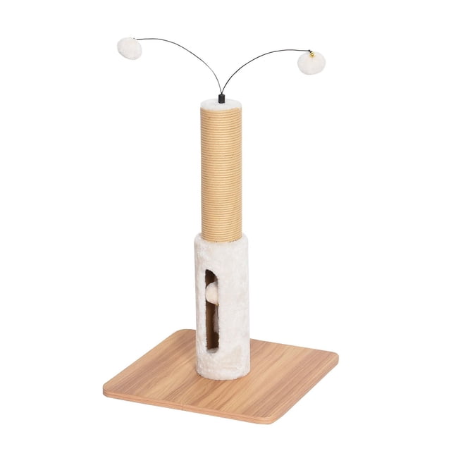Vibrant Life 24.2" laminated board base cat jute scratching post in brown and beige, featuring a vertical jute-wrapped post above a plush beige base with a vertical cutout and hanging plush ball inside, mounted on a laminated wood square base with two flexible wire arms each holding a small plush ball toy, suitable for cat exercise and claw maintenance.