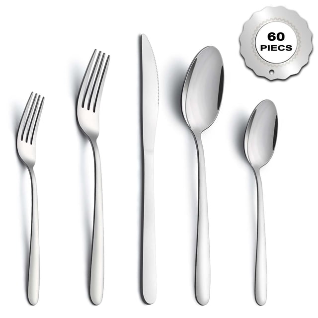 Bestdin Silverware Set, 60 pieces stainless steel cutlery set for 12, featuring mirror-polished finish, ergonomic design, and dishwasher-safe durability. Includes dinner forks, salad forks, dinner knives, dinner spoons, and teaspoons, displayed against a white background. Ideal for home kitchens, restaurants, weddings, and special occasions.