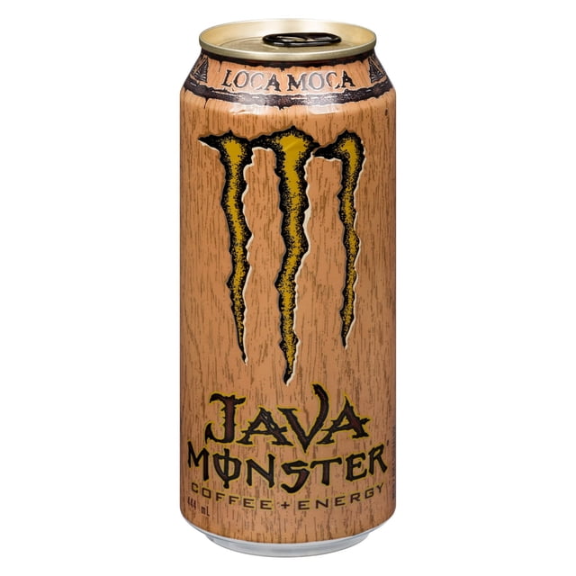 MONSTER ENERGY Java Loca Moca 444mL can with wood-grain brown finish, front-facing, featuring the yellow and black Monster claw logo, 'Java Monster' text, and 'Coffee + Energy' label, ideal for a mocha-flavored energy boost.