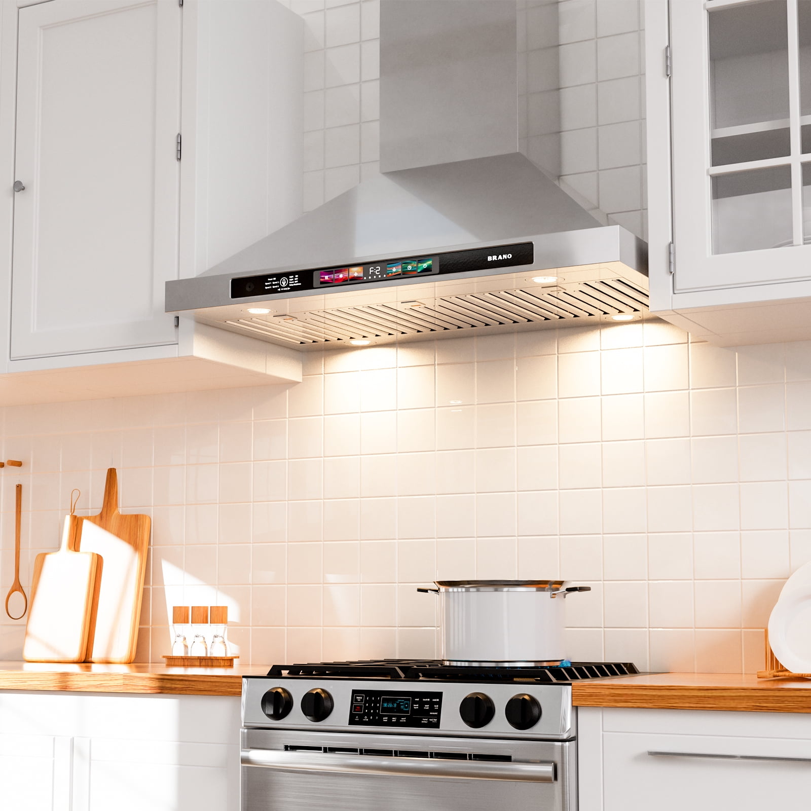 BRANO 36-inch Wall Mount Range Hood in Stainless Steel 900 CFM with Voice/Gesture/Touch Control, Ducted/Ductless Convertible