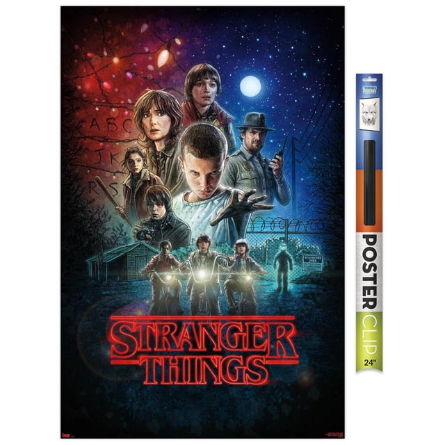 Netflix Stranger Things - One Sheet Wall Poster, 22.375" x 34", depicting a night scene with a full moon and starry sky. The poster features children riding bicycles with headlights on, a police officer holding a walkie-talkie, and a shadowy figure near a barbed wire fence labeled 'Restricted Area.' Red glowing lights and the alphabet appear in the background. The title 'Stranger Things' is shown in red neon letters at the bottom. Printed on glossy photo art paper with a 24" snap-to-close poster clip for easy hanging.