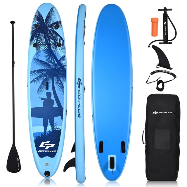 Goplus 9.8' inflatable stand up paddle board with a blue design featuring a silhouette of a person and palm trees. Includes an adjustable aluminum paddle, manual air pump, removable slide-in fin, safety leash, repair kit, and a black carry bag with the Goplus logo. The board has a non-slip deck, bungee cords for storage, and three bottom fins for improved speed and control. Made of durable double-layer PVC material with a V-drop stitch core, it supports up to 253 lbs. Suitable for activities like surfing, yoga, and fishing.