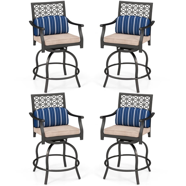 Costway Ensemble de 4 Tabourets de Bar Pivotants pour Patio avec Sièges Coussinés, Coussins Lombaires à Rayures et Accoudoirs. Chaque Chaise Présente un Cadre en Acier Noir avec un Dossier Décoratif, un Pivotement à 360° et un Basculement à 15°, et un Repose-Pieds. Résistant aux Intempéries et Convient à une Utilisation Extérieure et Intérieure.
