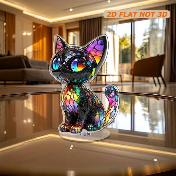 Ornement Acrylique Rotatif Mettant en Vedette une Créature Onirique Semblable à un Chat aux Yeux Lumineux, Corps Noir et Queue Arc-en-Ciel Vibrante Scintillante avec une Lumière Éblouissante