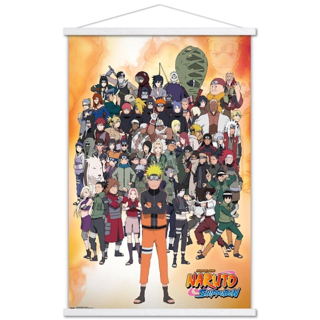 Naruto Shippuden - Affiche Murale de Groupe, 22,375 Po x 34 Po Présentant une Affiche d'Anime Brillante avec un Grand Groupe de Personnages Naruto Shippuden sur un Fond orange Ardent, Parfaite pour l'Art Mural d'Anime Ou la Déco d'Animation Japonaise, avec le logo Naruto Shippuden en Bas à Droite.