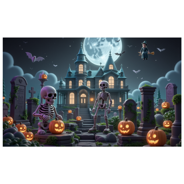 Spooky Scene Halloween Banner Gothic Theme Pumpkin Lantern Skeleton Design Cemetery Setting for Halloween Party Event Decor