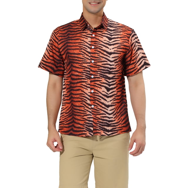 INSPIRE CHIC Chemises pour Hommes Coupe Régulière Manches Courtes Imprimé Léopard Chemise Décontractée Boutonnée S Imprimé Tigre