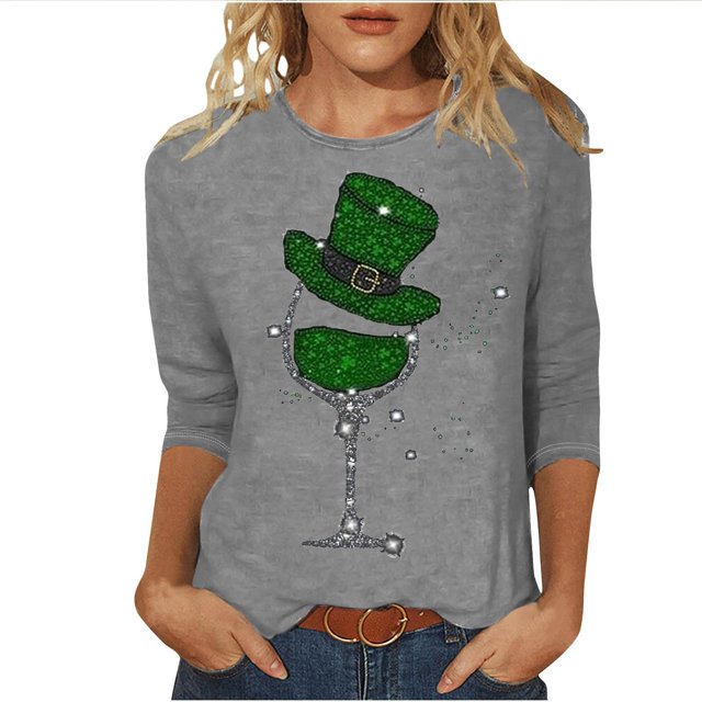 Besolor T-Shirts de la Saint-Patrick pour Femmes Imprimé Col Rond Manches 3/4 Tunique Décontractée Blouse d'Été Ample