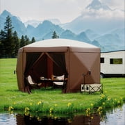 Pop Up Canopy 12FT - 6-Sided Instant Shelter, Beige & Khaki, for Camping/Parties/Backyard | One-Push Setup with Mosquito Netting