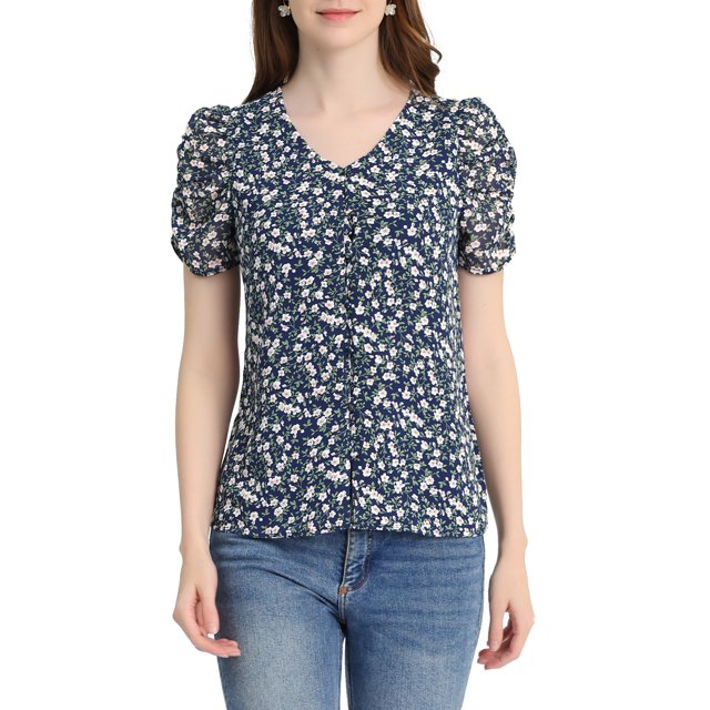 Unique Bargains Blouse Florale pour Femmes V Cou Détendre Hauts à Manches Courtes
