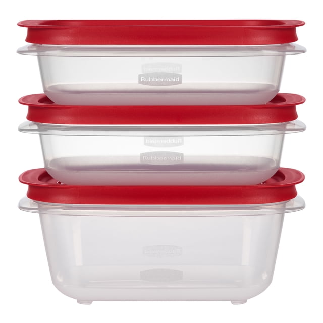 Rubbermaid 3.57-Cup (2) and 5.26-Cup EasyStore Rectangle Food Storage Containers with Lids, 3 Pack, showing three clear rectangular containers stacked with red SecureGrip ridged lids for stable stacking and easy carrying, designed to maximize fridge and pantry space and ideal for meal prep and organized food storage.