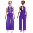 thumbnail image 1 of Oyolan One Piece Rompers Overall for Girls Rhinestones Dance Bodysuit Disco Party Wide Leg Pants Playsuit Purple 12, 1 of 4