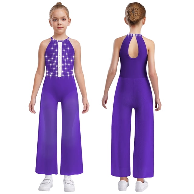 Oyolan One Piece Rompers Overall for Girls Rhinestones Dance Bodysuit Disco Party Wide Leg Pants Playsuit Purple 12