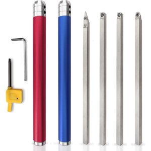 Mistaha Woodturning Tools Set avec découpes de carbure interchangeables en rouge vibrant et bleu - 8 Pièces en aluminium boîtier