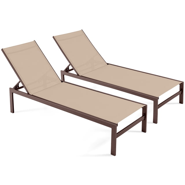 Gymax Ensemble de 2 Chaises Longues de Patio en Aluminium, Chaise Longue d'Extérieur Réglable avec Dossier à 6 Positions