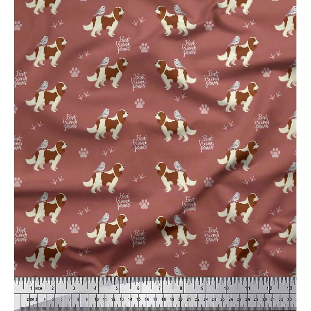Soimoi Brown Satin Silk Fabric Bird,Paw & Cocker Spaniel Dog Printed Fabric 1 Yard 42 Inch Wide