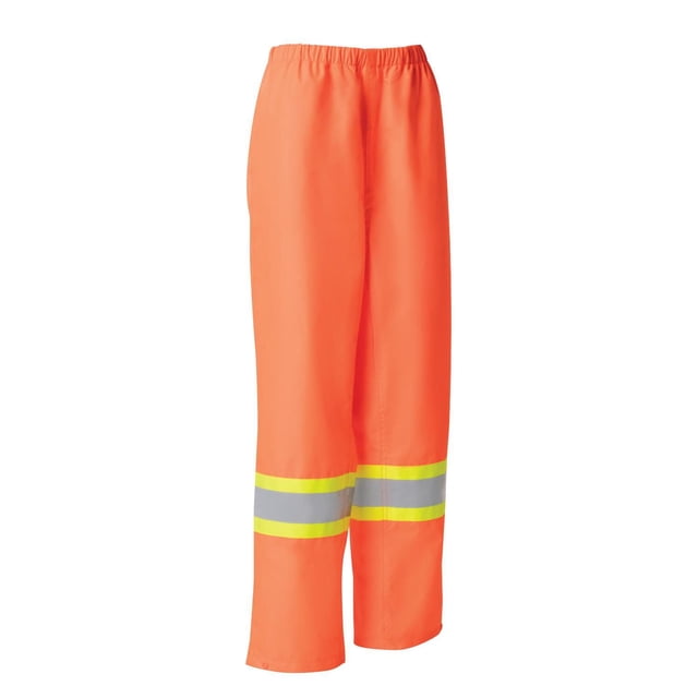 Women's Safety Rain Pant in bright orange polyester with elastic waistband and adjustable ankle snaps, featuring reflective yellow and silver stripes for high visibility, meeting CSA Z96-22 Class 3 standards for wet weather protection.