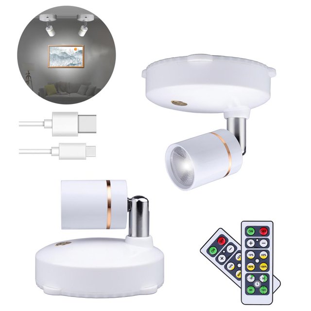 2 Pieces Spotlight LED Accent Rotatable Battery Operated Lights Battery Powered Remote Control Rotatable Focus Desk Lamp Display Closet Home Ceiling