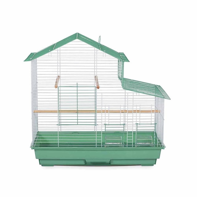 Prevue Pet Cage pour Cacatoès avec base en Plastique Verte et Cadre en Fil Métallique Blanc, avec un style Décoratif à double Toit, Deux Perchoirs en Bois, Deux Portes d'Accès style Palier Incluant une Porte Perchoir Supérieure Rabattable, et Deux Gobelets d'Alimentation en Plastique, Mesurant 26 Pouces de long, 14 Pouces de Large et 25 Pouces de Haut, Conçus pour les Perruches et les Oiseaux de Petite à Moyenne Taille.