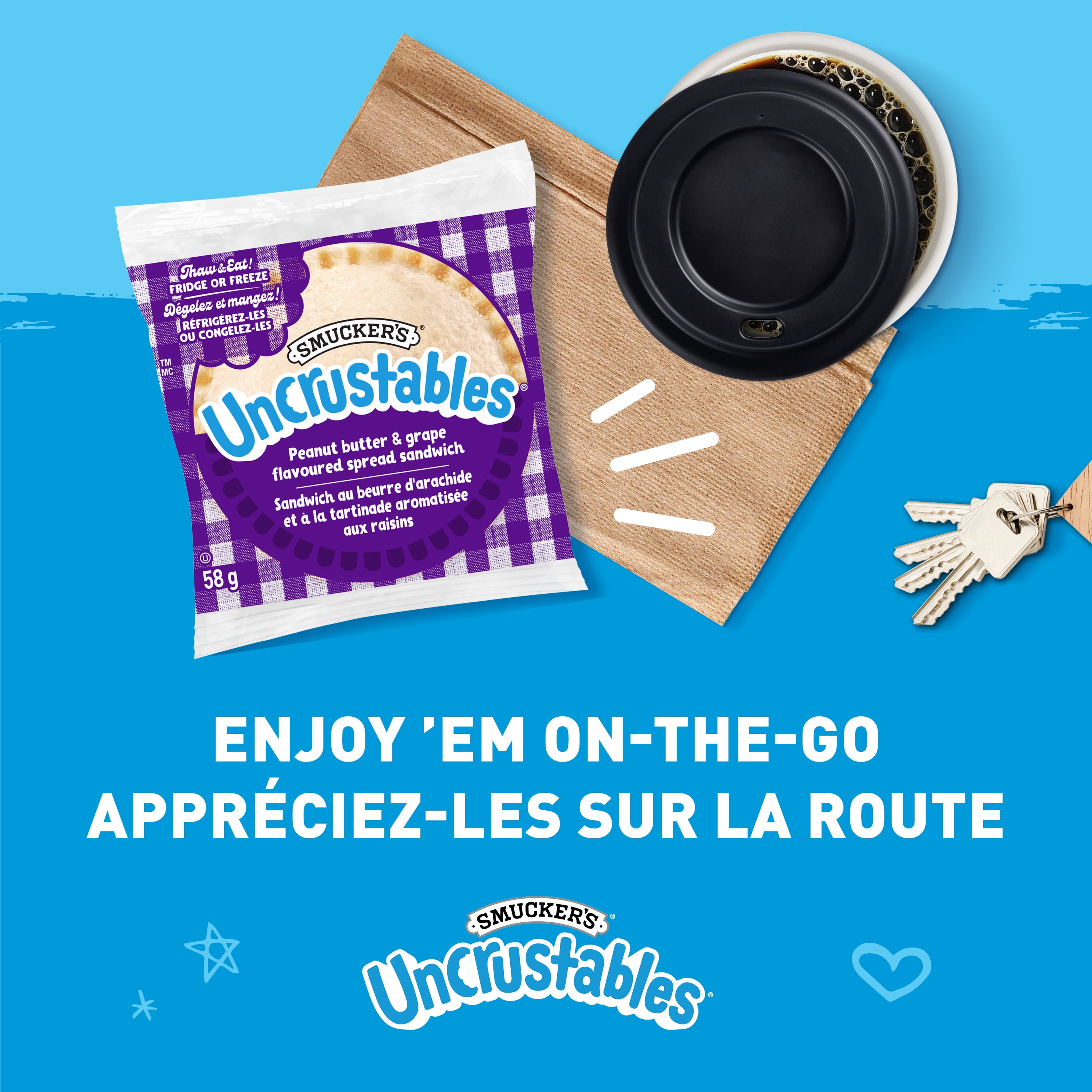 Smucker's Uncrustables Peanut Butter and Grape Flavoured Spread Sandwich, Frozen,58g, Pack of 4