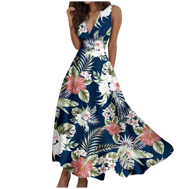 TJAZFJPA Robe Chic Mode pour Femmes Printemps et Été Imprimée Sans Manches à Col en V avec Fermeture Éclair Latérale Robe Style (5) Robe de Plage pour Invitée de Mariage Grande Taille Robes de Cocktail pour Femmes