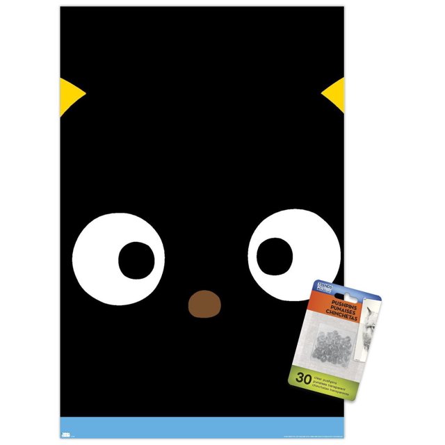 Hello Kitty and Friends - Affiche Murale Gros Plan de Chococat, 22,375 Pouces x 34 Pouces, Présentant un Gros Plan Centré du Visage Noir de Chococat avec de Grands Yeux Blancs, un Petit Nez Brun et des Oreilles Jaunes sur Papier d'Affiche Lustré, Convient à la Décoration Murale de Chambre Ou de Bureau avec des Montages à Épingle Transparents Inclus Qui Préviennent les Dommages au Mur.