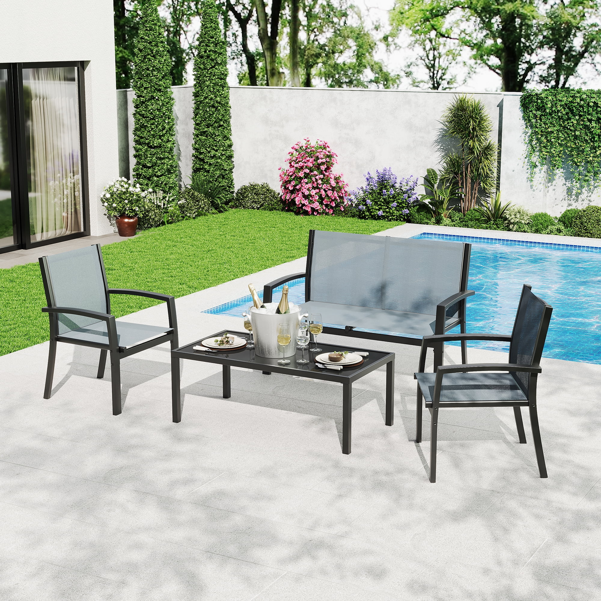 Memoryfield 4-Piece Outdoor Patio Furniture Set, Metal Conversation Set with Loveseat, 2 Armchairs & Coffee Table, Textilene Seating for Porch, Backyard, Balcony, Grey