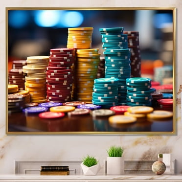 Designart Casino & Games framed wall art decor, Casino & Games framed wall Art, Poker Chips at the Royale Casino I , Extra large Modern Gold framed wall art, 32x16 inches Gold Frame
