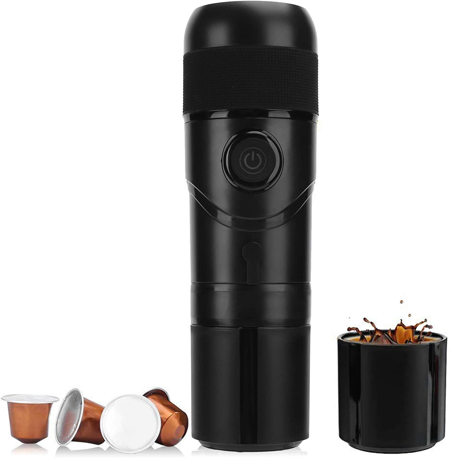 Electric Coffee Maker, USB/Cigarette Lighter Portable Self-Heating Coffee Machine with Reusable Coffee Capsule, Suitable for Car, Home, Office (Black)