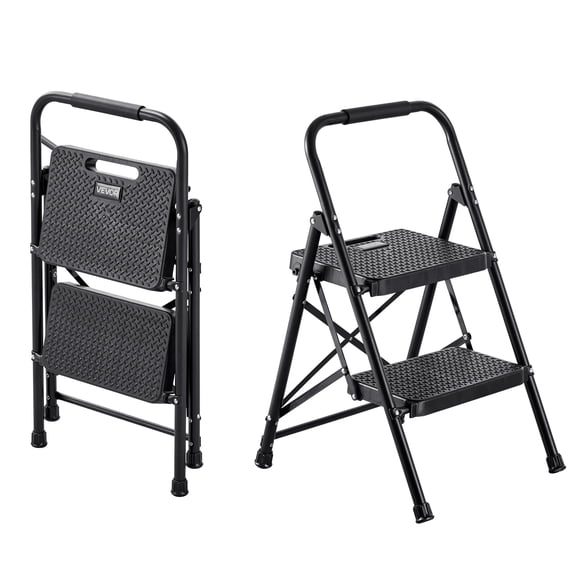 VEVOR Escabeau à 2 Marches, Marchepied Pliant avec Grand Pédale Antidérapante et Poignée de Confort, Échelle en Acier Portable Légère Capacité 600 Lb, Multi-Usage pour Cuisine, Maison, Ménage et Bureau, Noir