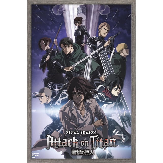 Attack on Titan: Season 4 - Key Visual 2 Wall Poster, 22.375" x 34", depicting anime characters in military uniforms with swords and rifles posed dynamically against a dark sky and tall tower, printed on glossy paper suitable for home wall décor.