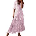 thumbnail image 1 of Penkiiy Robe Bohème d'Été pour Femme 2024 à Volants, Manches Courtes, Col en V à Franges, Volantée, Fluide, Ligne A, Maxi, 2TG, Rose, 1 of 7