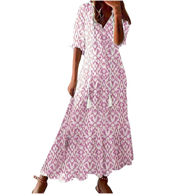 Penkiiy Robe Bohème d'Été pour Femme 2024 à Volants, Manches Courtes, Col en V à Franges, Volantée, Fluide, Ligne A, Maxi, 2TG, Rose