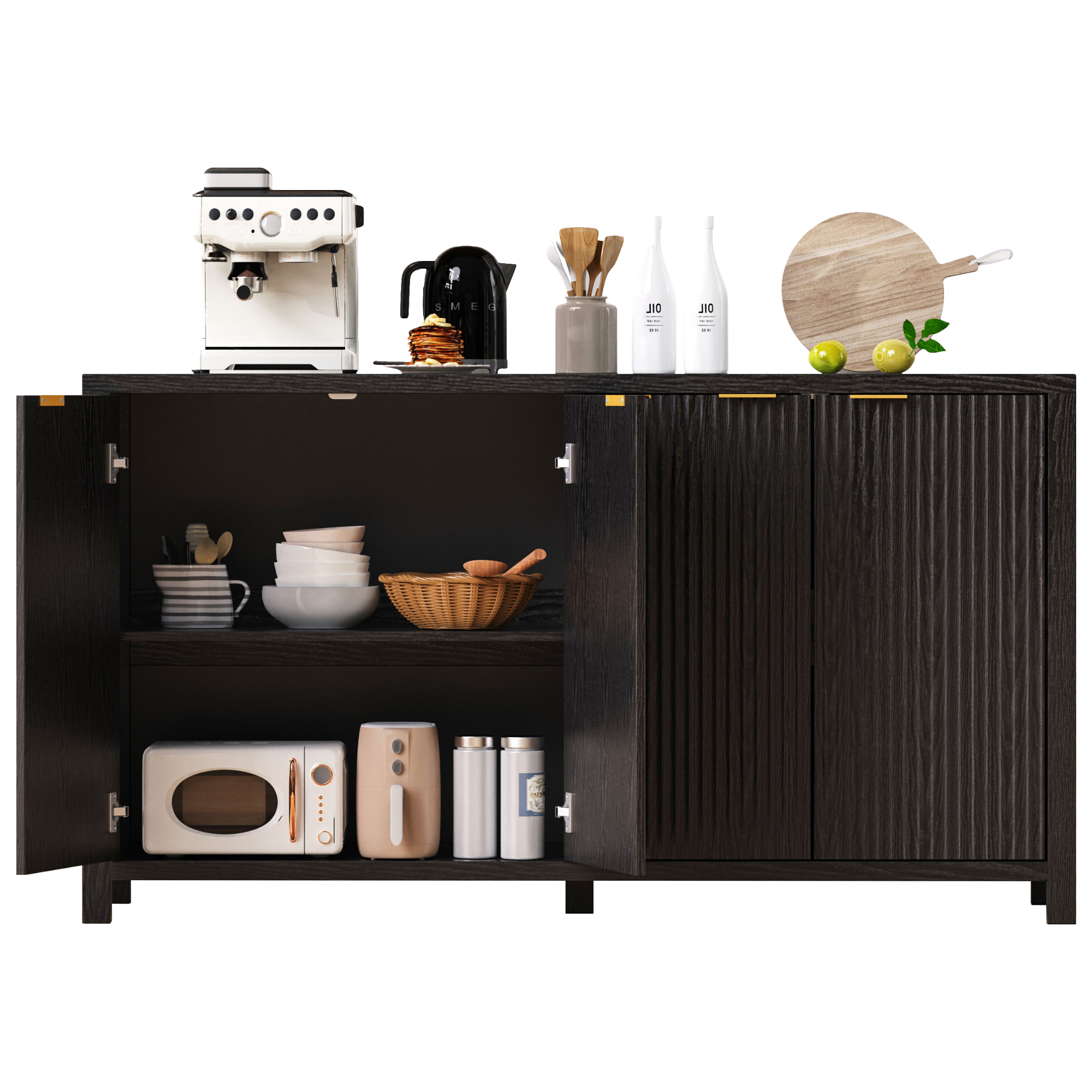 Noble House 55" Fluted Buffet Cabinet,4-Door Farmhouse Accent Storage with Adjustable Shelves for Dining Room,Black