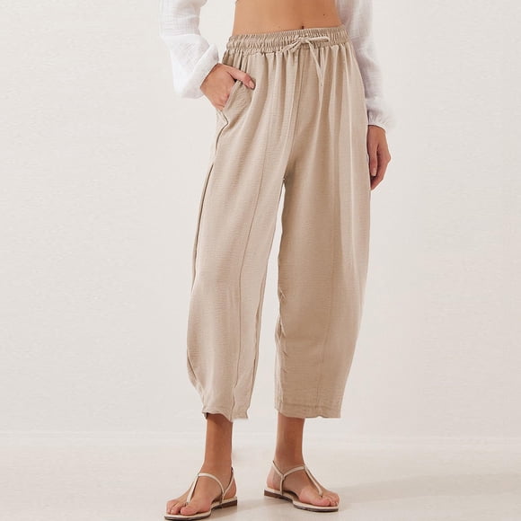 Mceream Women's High Waisted Pants Loose Fit Wide Leg Palazzo Trousers With Pockets Khaki XXXL