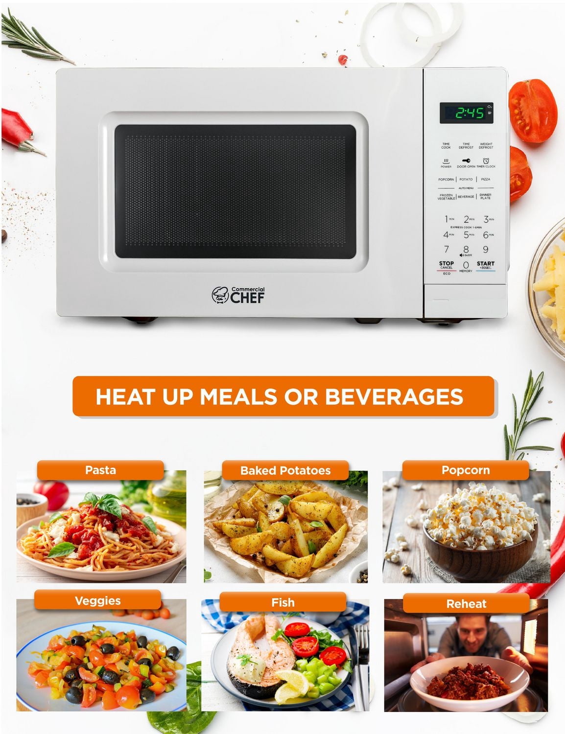Micro-ondes de comptoir Commercial Chef de 0,7 pi³ avec affichage numérique, blanc Micro-ondes avec 10 niveaux de puissance