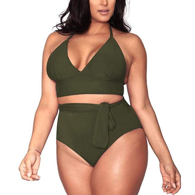 Pisexur Womens Plus Size Bikini High Waisted Swimsuits Two Piece Bathing Suits Tummy Control Swimwear in dark green. This women's swimwear features a triangle-shaped halter bikini top with adjustable straps and detachable padded cups, paired with a high-waisted bottom offering tummy control and a tie sash accent. Made of soft, quick-drying polyester fabric, ideal for plus size swim sets and suitable for beach vacations, pool parties, and water activities.
