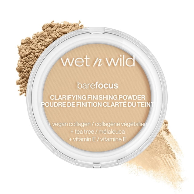 Bare Focus Poudre de Finition Clarifiante par wet n wild en un compact Rond Clair avec Poudre beige et Poudre Libre Autour, Formulée avec du Collagène Végétalien, de l'Arbre à Thé et de la Vitamine E pour Fixer le Maquillage avec une Finition Mate Tout en Clarifiant et Affinant la texture de la Peau.