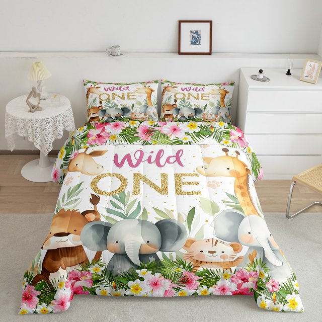 Erosebridal Cartoon Animals Bedding Queen Comforter Set, Botanical Floral Down Comforter, Wildlife Theme Decor, Reversible