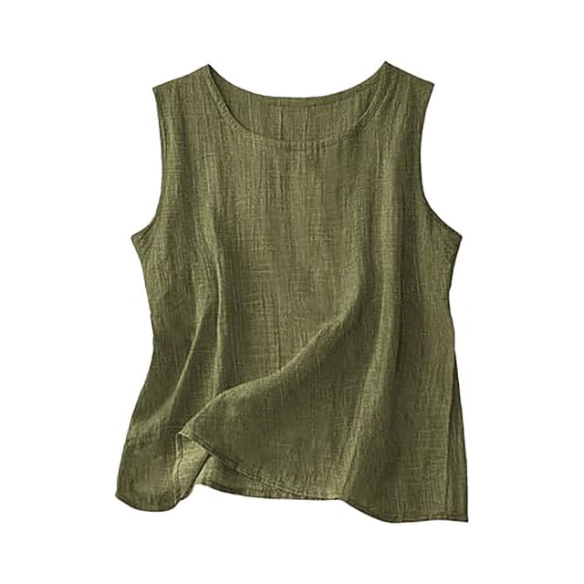 QHFBli Débardeurs en Coton et Lin pour Femmes, Tenue de Détente Confortable, Été, Sans Manches, Col Ras du Cou, Chemise Décontractée, Blouse Ample