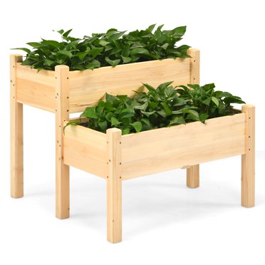 Patiojoy Jardinière Surélevée en Bois à 2 Niveaux 34 Pouces x 34 Pouces Bac de Plantation Surélevé avec 8 Trous de Drainage Bac de Plantation Extérieur pour Légumes
