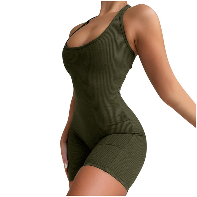 Timegard Bodysuit for Women Square Neck Ribbed Comfy Slim Short Rompers Workout Gym Jumpsuit Casual