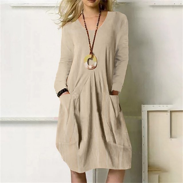 CHGBMOK Robe à Manches Longues avec Poches pour Femmes, Coton Lin, Couleur Unie