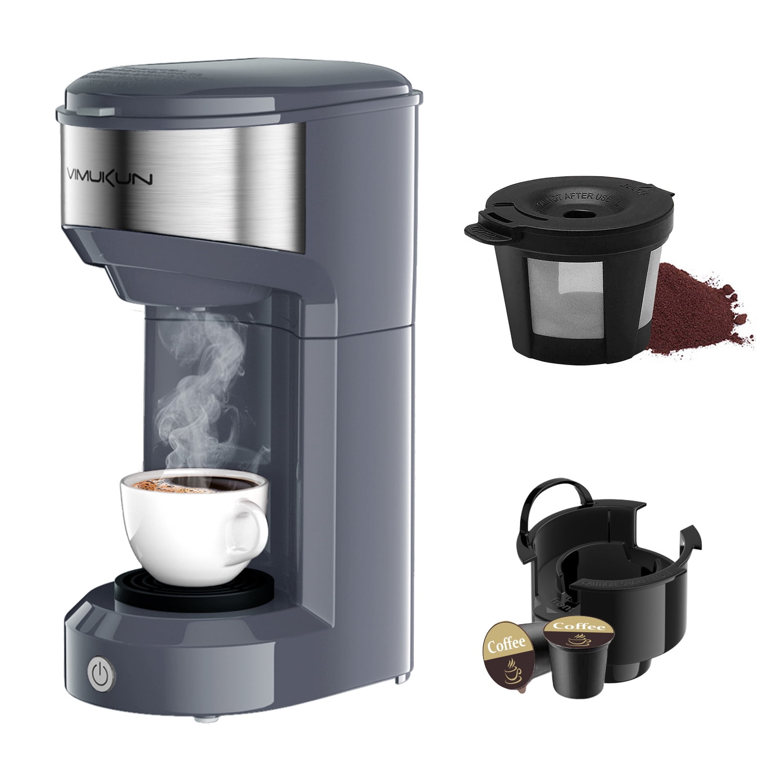 Cafetière, Machine à Café à Portion Individuelle 6 à 14 oz avec Filtre Permanent, Compatible avec Dosettes K-Cup et Café Moulu, Format Mini, Gris