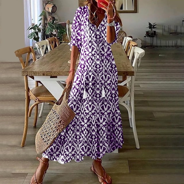 FcBaudy Robes d'Été pour Femmes, Robes pour Femmes, Jupe pour Femmes Robe Décontractée à la Mode pour Femmes Printemps/été à Col en V à Manches Courtes Imprimée Jupe pour Dames