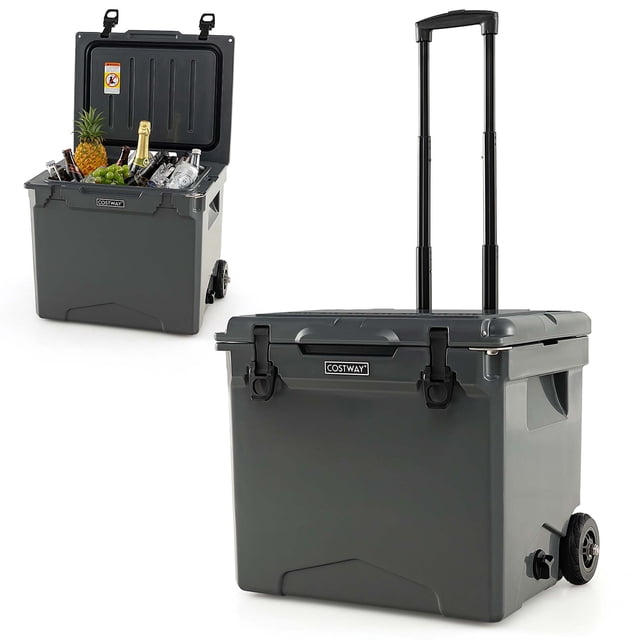 Costway Glacière Portative de 42 Qt, Coffre à Glace Moulé Roto Isolé 5-7 Jours avec Roues Poignée Charbon. Cette Glacière Dure Présente une Conception Rotomoulée durable en Gris Anthracite avec une Capacité de 42 Pintes. Elle Comprend une Poignée Télescopique en Aluminium Réglable à Trois Hauteurs, des Roues Robustes pour un transport Facile, et des Poignées Intégrées pour le Levage. le Couvercle a des Porte-Gobelets Intégrés, une Règle pour Poisson et un Ouvre-Bouteille pour Plus de Commodité. Conçue pour Garder le Contenu Froid pendant 5-7 Jours Ou Chaud pendant 2
