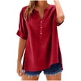 thumbnail image 1 of Chemises en Lin pour Femmes Grande Taille Henley à Manches Courtes d'Été Décontractées Hauts Ourlet Fendu Boutons devant Blouses Fluides Chic Rouges, 4TG, 1 of 7