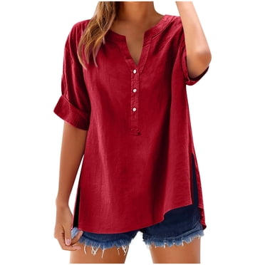 LMKIHUSA Women's Cotton Button Up Shirts Roll Up Short Sleeve Tees V Neck Solid Color Tops Slim Fit Work Pullover Tunic Summer 2025 Red,L