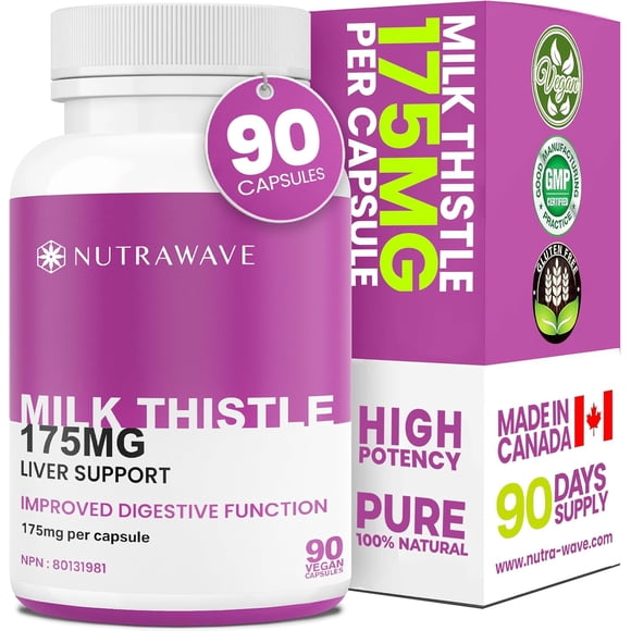 Nutrawave Milk Thistle 175 mg – Liver & Digestive Support, 80% Silymarin Extract, Herbal Supplement, 90 Vegan Capsules, Non-GMO, Gluten-Free, Made in Canada