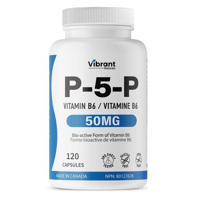 P5P Vitamin B6 Supplement 50mg by Vibrant Naturals, featuring 120 capsules in a white bottle with blue accents. The label highlights its active form of B6 (Pyridoxal-5-Phosphate), gluten-free, non-GMO, and third-party tested. Supports energy metabolism and nutrient absorption. Made in Canada.